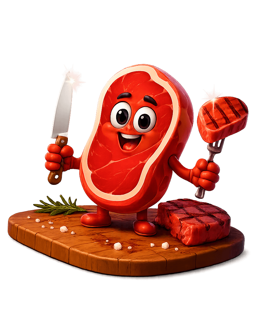 Steak mascot holding a knife and grilled steak